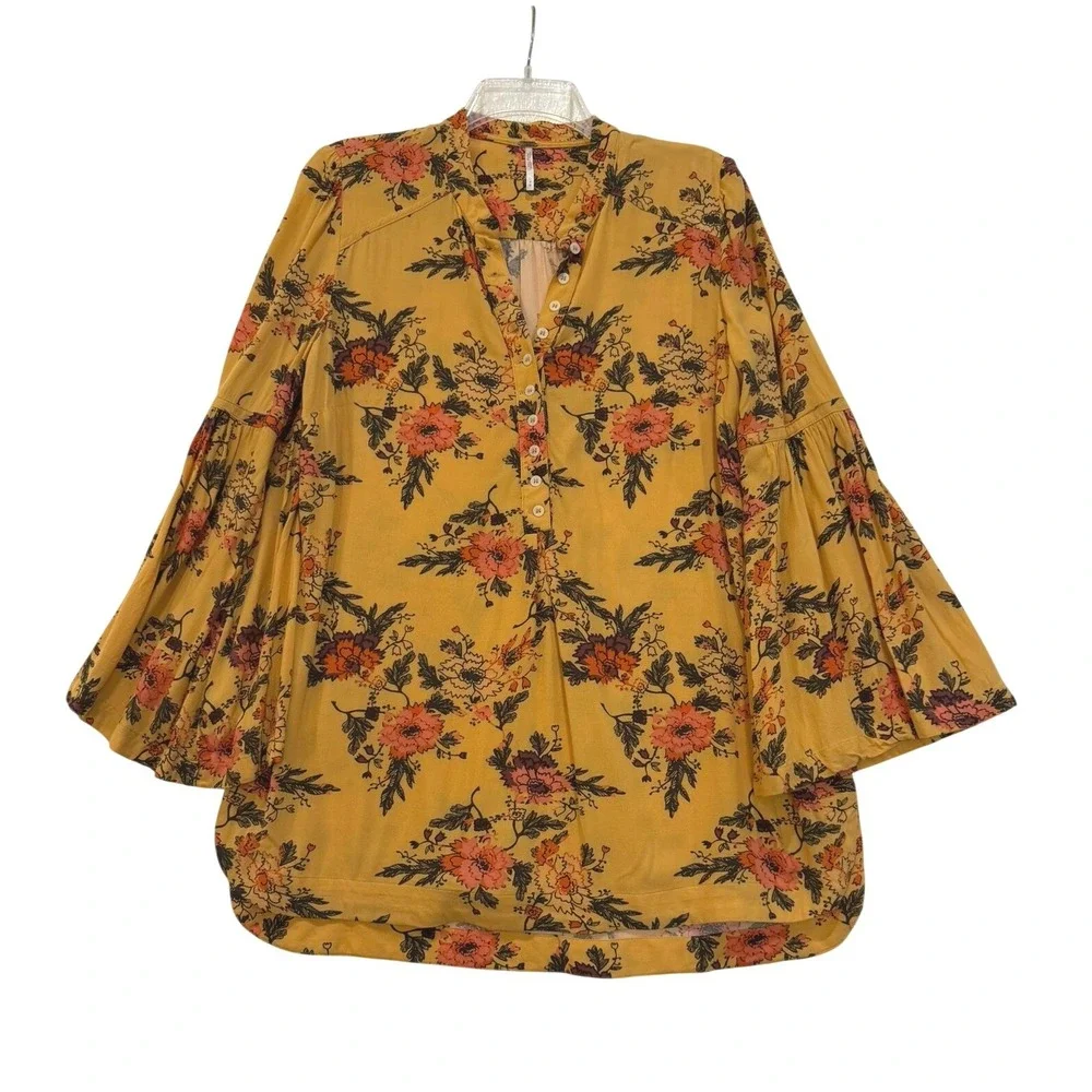 Free‎ People Marigold Yellow Floral Bell Sleeve Henley Tunic Blouse Top Womens M